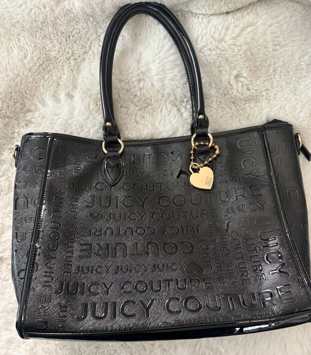 Y2K Juicy Couture Black Debossed Logo Satchel Handbag with Heart Lock Charm